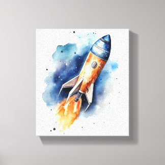 Rocketship Flug durch Sterne Wasserfarbenes Kinder Leinwanddruck