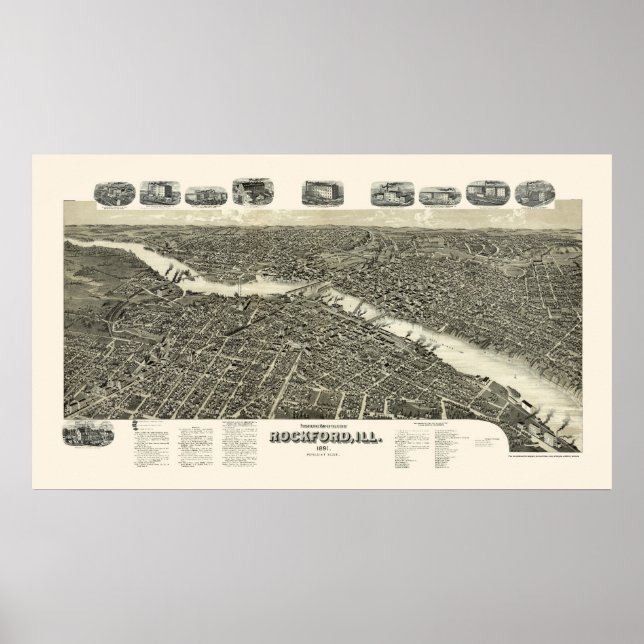 Rockford, IL Panoramic Map - 1891 Poster (Vorne)