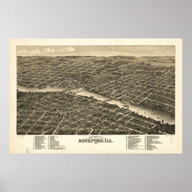 Rockford Illinois 1880 Antique Panoramabalkarte Poster (Vorne)