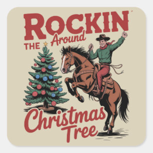 Rockin Around The Christmas Tree Country Cowboy Quadratischer Aufkleber