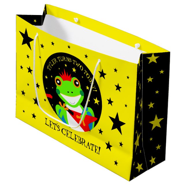 Rockin' Birthday Tree Frog mit Red Guitar Große Geschenktüte (Vorderseite Schrägansicht)