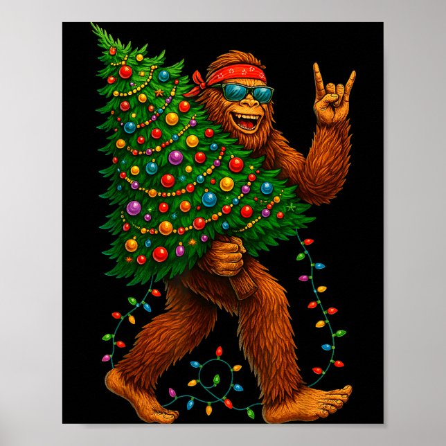 Rockin Christmas Bigfoot Carrying Tree Fun Xmas Ro Poster (Vorne)