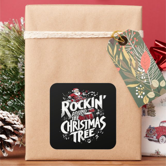 Rockin' Christmas Tree Text Drummer Quadratischer Aufkleber (Feiertag)