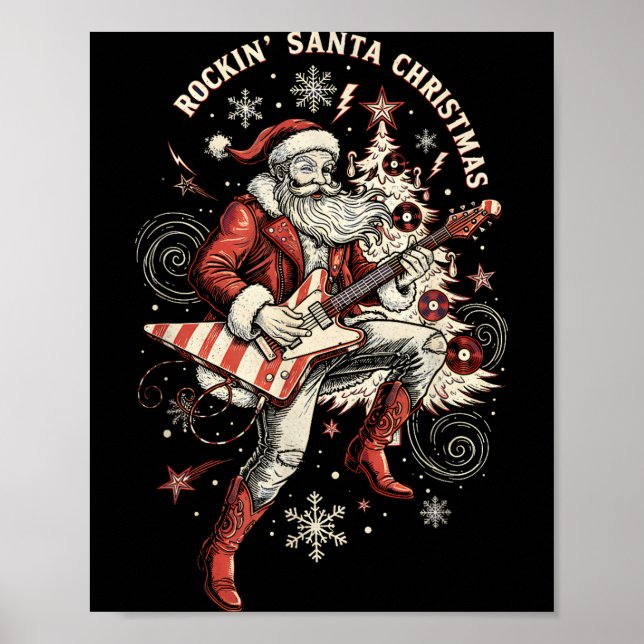 Rockin Santa Playing Guitar Funny Christmas Retro  Poster (Vorne)