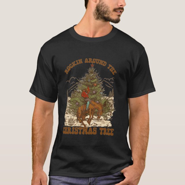 Rockin um Christmas Cowboy Tree Santa Ride Hor T-Shirt (Vorderseite)