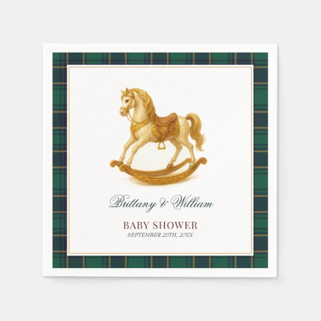 Rocking Horse Baby Dusche Elegante Tartan Kariert Serviette (Vorderseite)