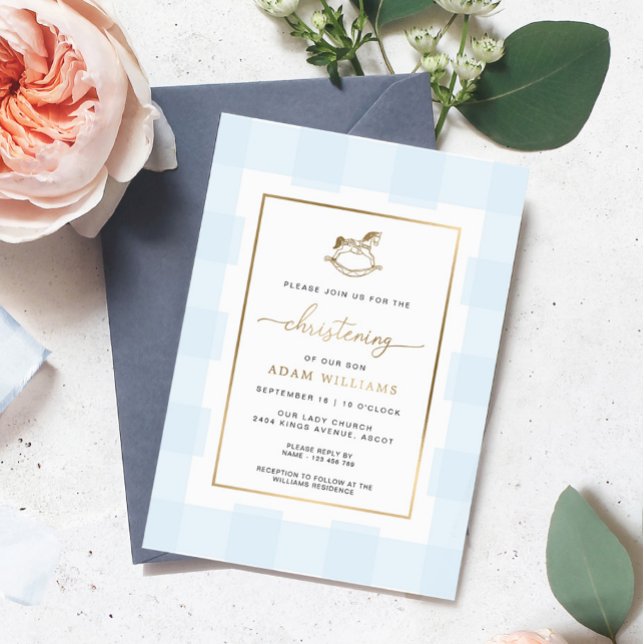 Rocking Horse Blue Gingham Christening Foil Einlad Folieneinladung (blue gingham rocking horse christening gold foil invitation )