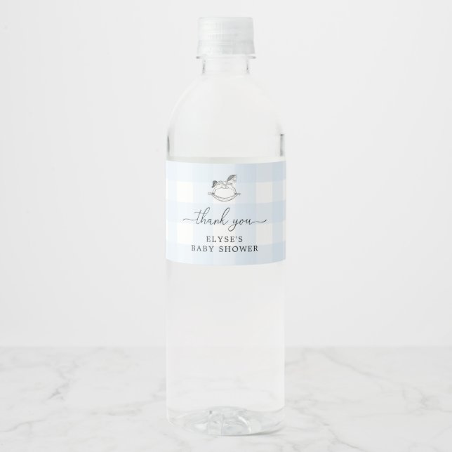 Rocking Horse Blue Gingham Gefallen Wasser Flasche Wasserflaschenetikett (Vorderseite)