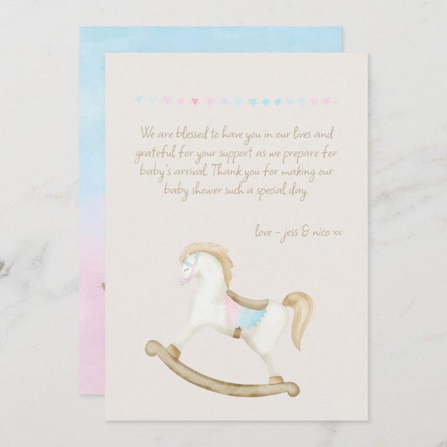 Rocking Horse Blue Pink Gender Neutral Baby Dusche Dankeskarte (Vorne/Hinten)