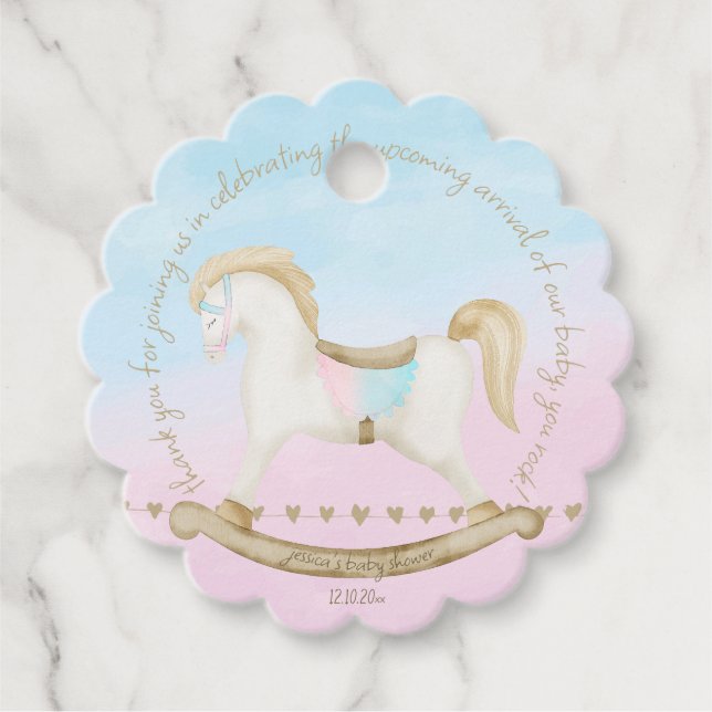 Rocking Horse Blue Pink Gender Neutral Baby Dusche Geschenkanhänger (Vorderseite)
