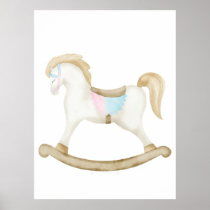 Rocking Horse Blue Pink Gender Neutral Baby Dusche Poster
