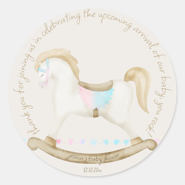 Rocking Horse Blue Pink Gender Neutral Baby Dusche Runder Aufkleber (Vorderseite)