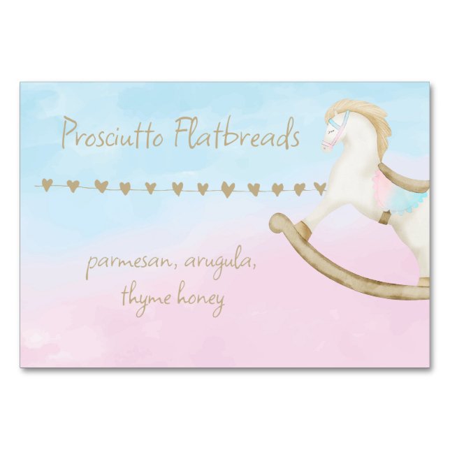 Rocking Horse Blue Pink Gender Neutral Food Label Tischnummer (Vorderseite)