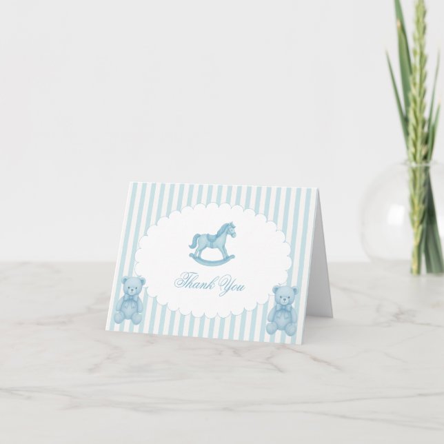 Rocking Horse Blue Preppy Baby Shower Dankeskarte (Vorderseite)
