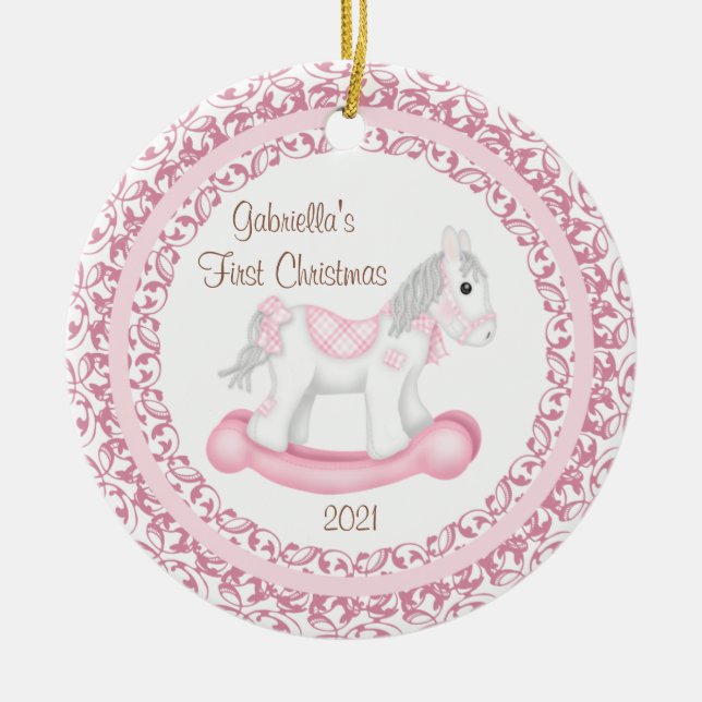 Rocking Horse Girl Baby's First Christmas Ornament (Vorne)