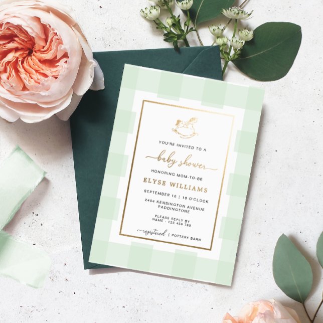 Rocking Horse Mint Gingham Baby Showroom Einladung (Von Creator hochgeladen)