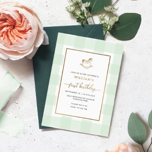 Rocking Horse Mint Gingham Birthday Foil Einladung