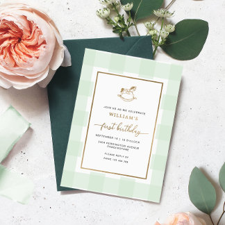 Rocking Horse Mint Gingham Birthday Foil Einladung