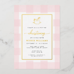 Rocking Horse Pink Gingham Christening Foil Einlad Folieneinladung