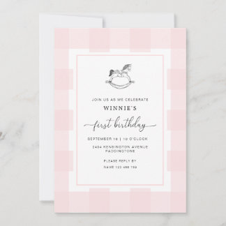 Rocking Horse Pink Gingham Einladung zum 1. Geburt