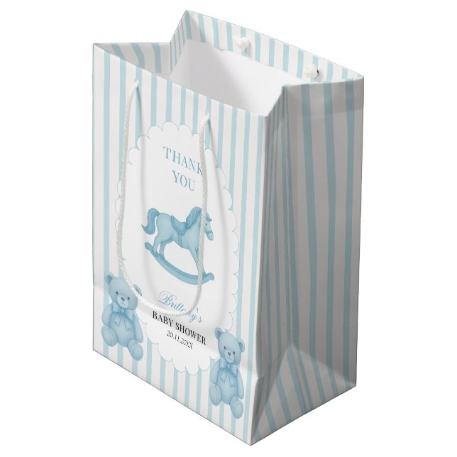 Rocking Horse Preppy Teddy Bear Blue Baby Dusche Mittlere Geschenktüte (Vorderseite Schrägansicht)