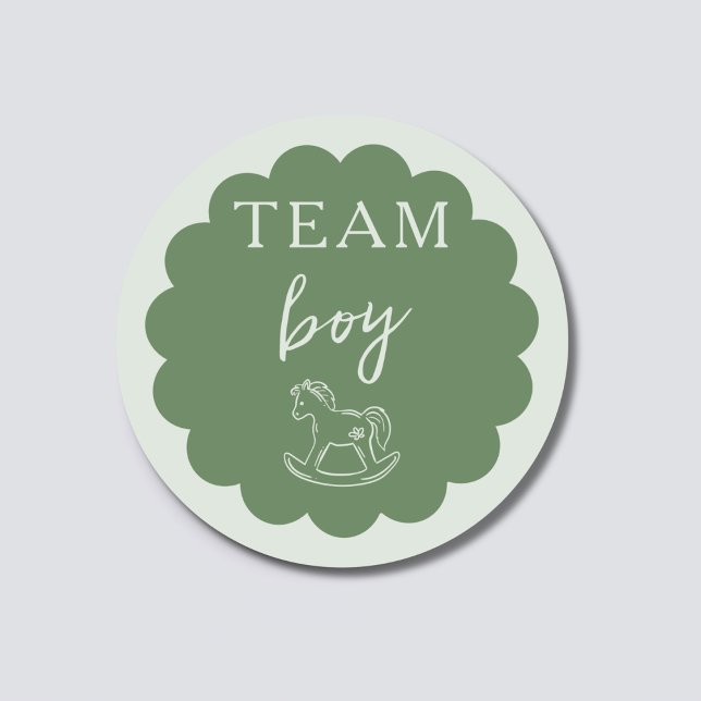 Rocking Horse Sage Green Team Boy Gender Reveal Runder Aufkleber (Von Creator hochgeladen)