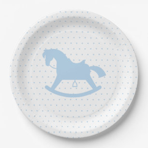 Rocking Horse Silhouette Baby Shower Plate Blau Pappteller