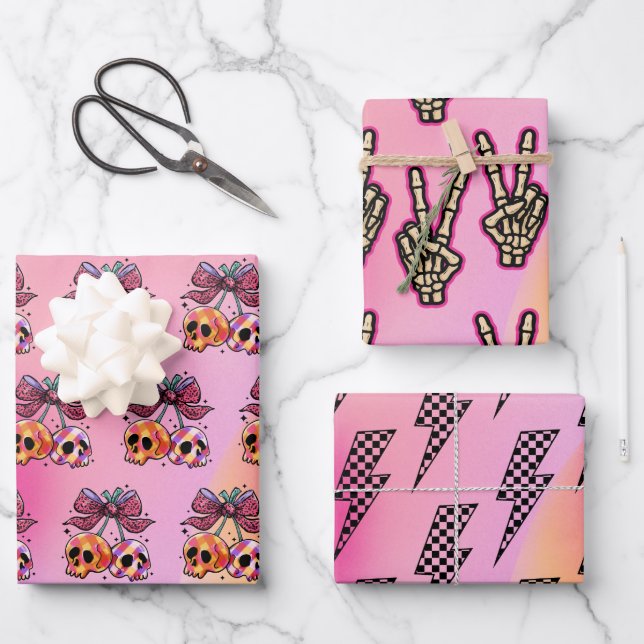 Rock'n'Roll Pink Skulls Skeletton Hand Halloween Geschenkpapier Set (Vorderseite)