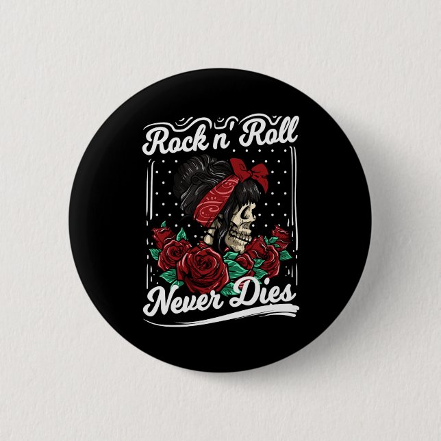 Rock'n'Roll stirbt Rockabilly Girl Skull-Rose nie Button (Vorderseite)