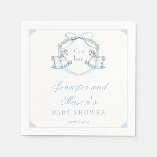 Rockpferd aus blauem Holz Wappen Babydusche Serviette (Vorderseite)