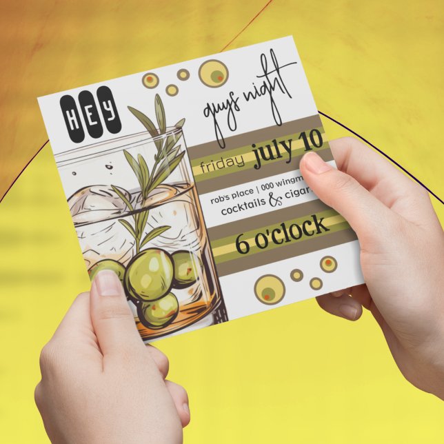 Rocks Glass | Olives | Guys Night Out Einladung (Boys night out bachelor party customizable invitation with olives and rocks glass. )