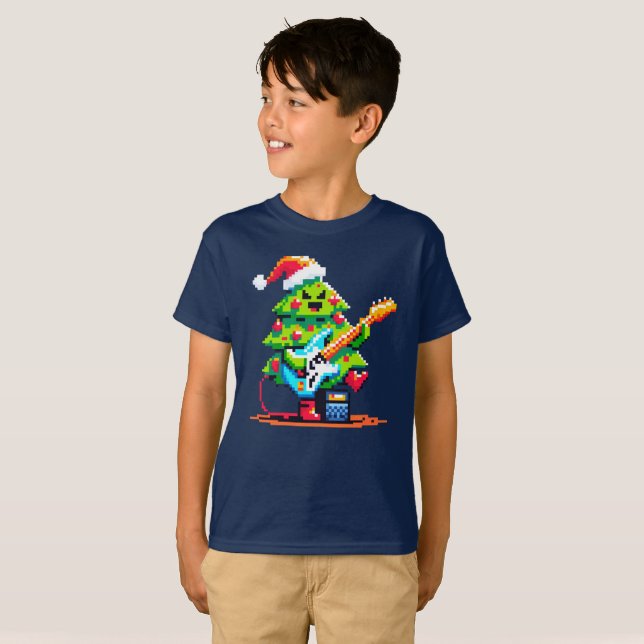 Rockstar Christmas Tree - Pixel Art Bass Guitar T-Shirt (Vorne ganz)