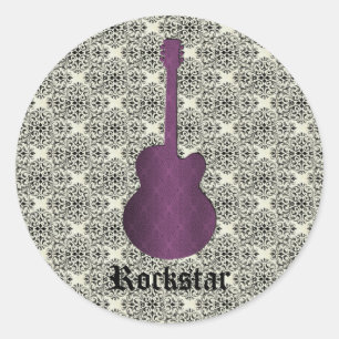 Rockstar Damask Gitarren-Aufkleber, Lila Runder Aufkleber
