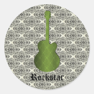 Rockstar Damask Gitarren-Aufkleber, Olive Green Runder Aufkleber