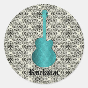 Rockstar Damask Gitarren-Aufkleber, Türkis Runder Aufkleber