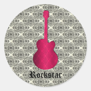 Rockstar Damask Gitarren Stickers, Magenta Runder Aufkleber