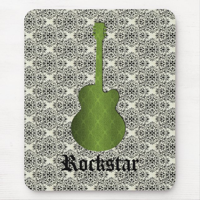 Rockstar Damask Guitar Mousepad, Olive Green Mousepad (Vorne)