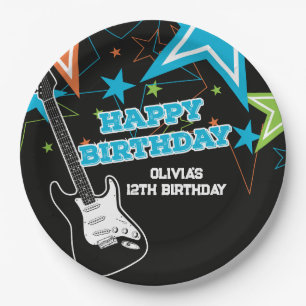 Rockstar Geburtstags Gitarre Sterne Blau Orange Pappteller