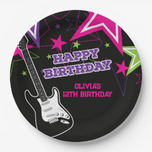 Rockstar-Geburtstags-Gitarren-Sterne Pink Lila Pap Pappteller