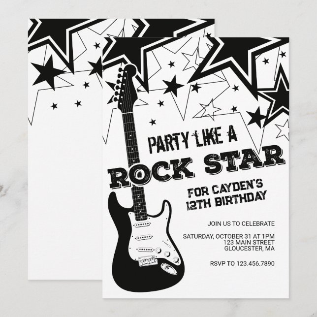 Rockstar Gitarre Schwarz-Weiß Geburtstag Einladung (Vorne/Hinten)