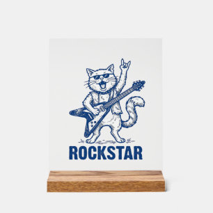 Rockstar-Katze-Gitarre-Vintage-Stickerei-Shirt-Des Acrylschild