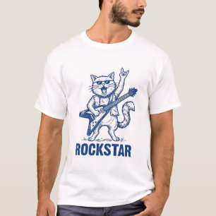 Rockstar-Katze-Gitarre-Vintage-Stickerei-Shirt-Des T-Shirt