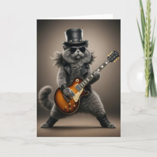 Rockstar-Katze spielt elektrische Gitarre in Leder Karte