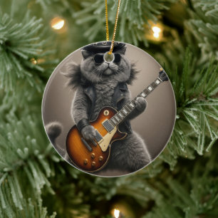 Rockstar-Katze spielt elektrische Gitarre in Leder Keramik Ornament