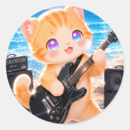 Rockstar Kitten: Guitarist at the Beach Runder Aufkleber
