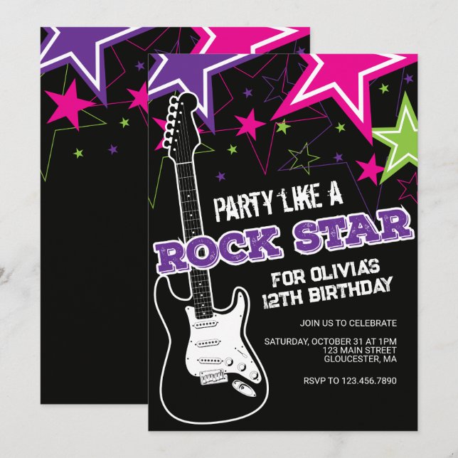 Rockstar Pink lila Gitarre Geburtstag Einladung (Vorne/Hinten)