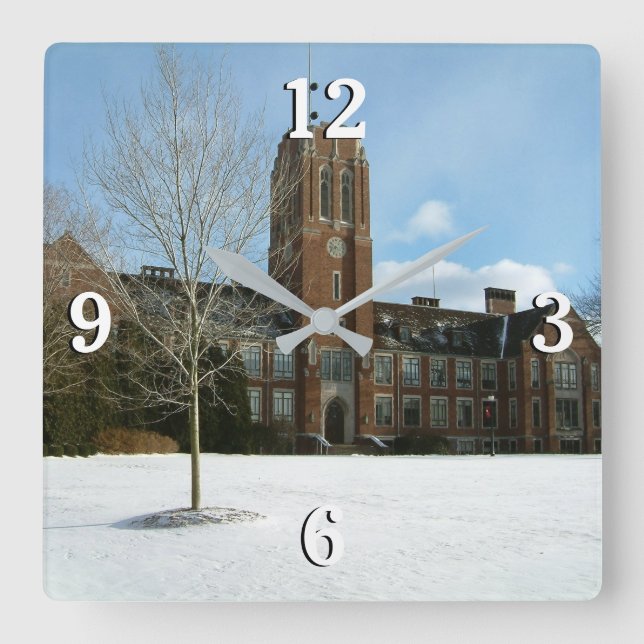 Rockwell im Winter in der Grove City Uni Quadratische Wanduhr (Vorderseite)