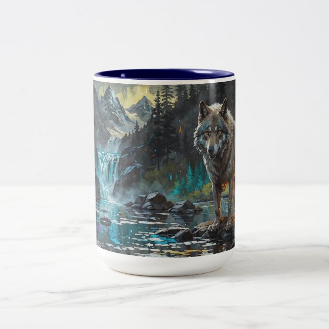 Rocky Mountain Grauer Wolf Art Zweifarbige Tasse (Mittel)