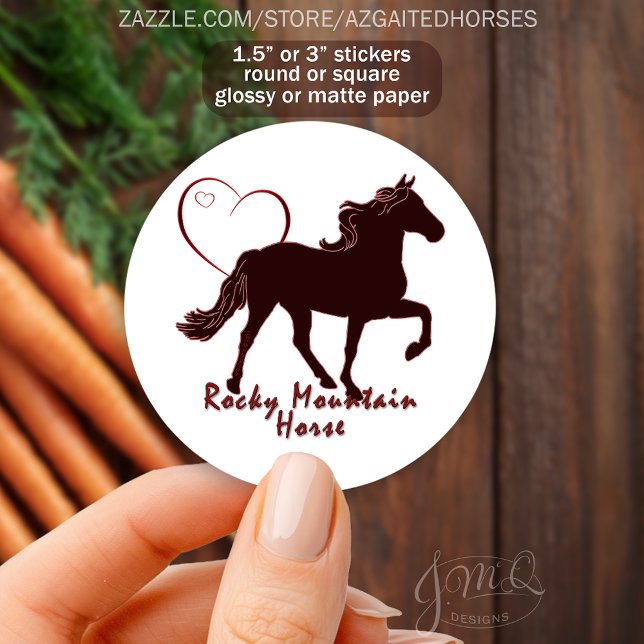 Rocky Mountain Horse Silhouette Reiten Runder Aufkleber (Sticker design with silhouette of Rocky Mountain Horse, heart outline, text reading Rocky Mountain.)