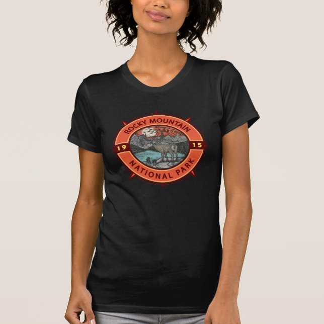 Rocky Mountain Nationalpark Elk Retro Kompass T-Shirt (Vorderseite)